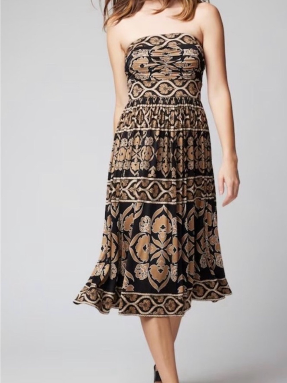 white house black market strapless knit fit flare printed dress size 12 NWT